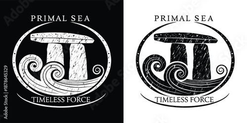 Black and white logo featuring ancient stone megalith structure surrounded by swirling ocean waves symbolizing timeless force and primal sea.