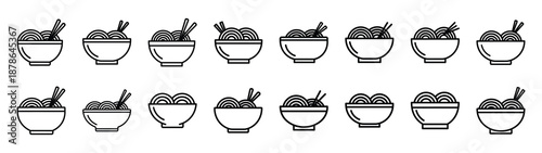 Set of 16  ramen bowl outline food icons related. Editable stroke icons collection