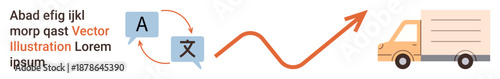 Language services, communication growth, translation logistics, global business, progress tracking, commerce operations. Translation icons connected to a growth arrow and truck. Language services