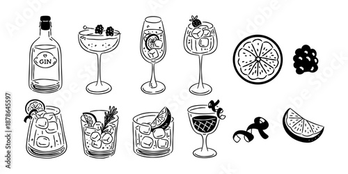 Hand drawn gin cocktail set with bottles, glasses, and garnishes. Black ink doodle style isolated on white background.