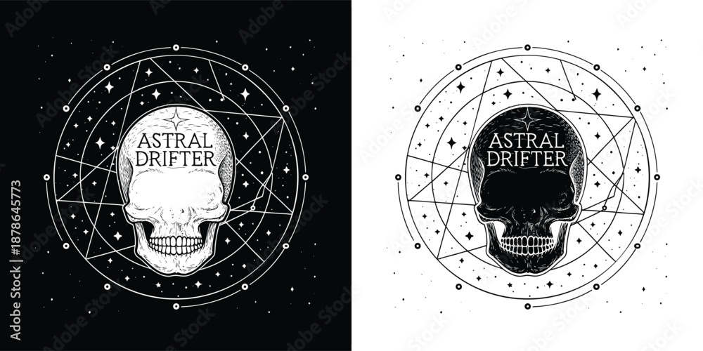 Obraz premium Occult skull emblem featuring the phrase astral drifter surrounded by celestial magic and mystic geometry symbols
