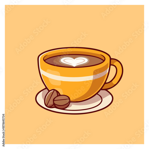 A vibrant yellow coffee cup with heart-shaped foam on a saucer with coffee beans, vector illustration