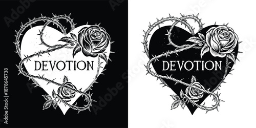 Striking black and white illustration features a heart wrapped in thorny vines and blooming roses symbolizing deep devotion and eternal love