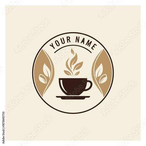 Steaming Coffee Cup Logo Design with Coffee Beans and Leaves, Central Focus, Circular Frame, Monochromatic Brown, Placeholder Text