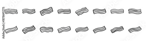 Set of 16  bacon strip outline food icons related. Editable stroke icons collection