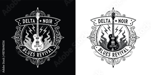 Striking vintage style emblem featuring an electric guitar surrounded by flames and ornate baroque scrollwork design elements