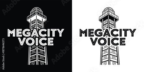 Black and white logo design featuring a tall stylized lighthouse structure incorporated behind the prominent text megacity voice