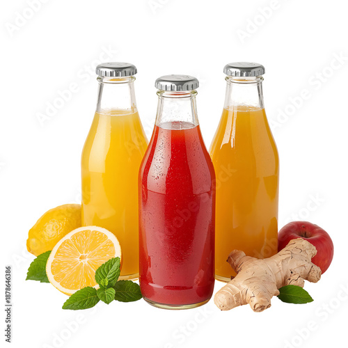 Different Types of Fruit Drinks Displayed With Ginger and Fresh Fruits on a W...