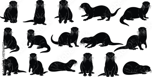 Silhouettes of otters in sixteen unique poses, standing, sitting, lying, walking, interacting, wildlife behavior, nature illustration, animal posture study design