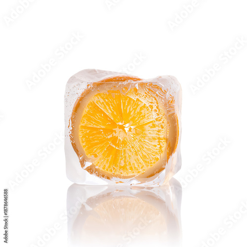 Orange Slice Frozen in Clear Ice Cube on White Background for Drink Recipes a...