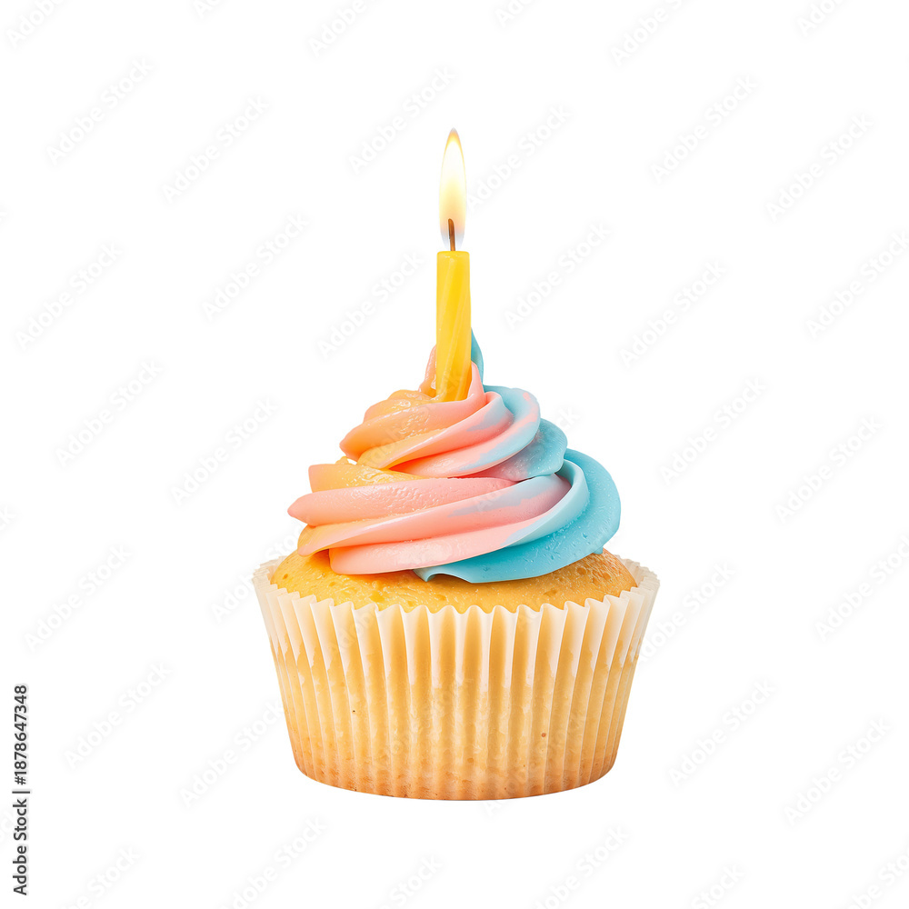 Obraz premium Bright Cupcake With a Candle on Top for Celebration at a Birthday Party
