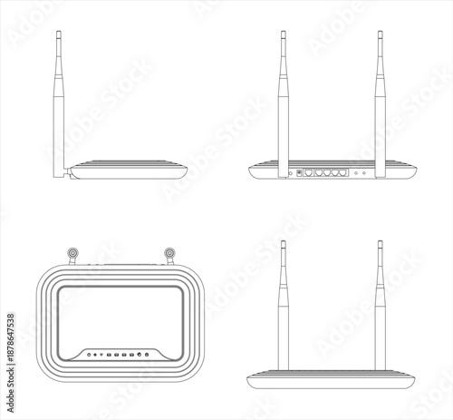 Multiple Orthographic Views Wi-Fi Router Set Technical Drawing Blueprint