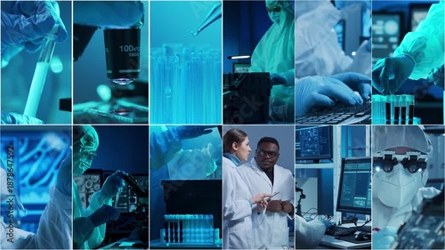 Technology and medical concept. Scientists, lab equipment and microscopes in biomedical innovations and clinical studies. Ideal for educational content. Vertical videos.