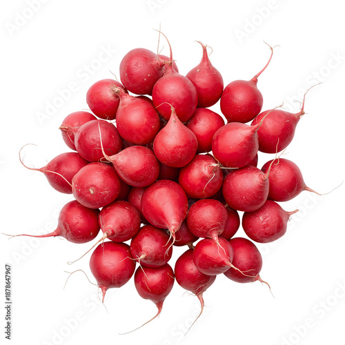 Fresh Red Radishes Arranged in a Pile on a White Background for Vegetable Sale