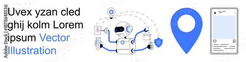 Artificial intelligence, navigation systems, technology interfaces, geolocation services, data security, mobile applications. Robot with tools, location pin mobile screen. Artificial intelligence