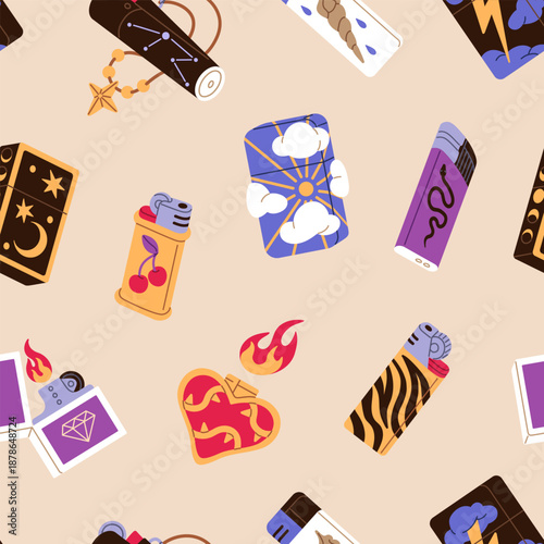 Repeatable pattern of different modern fluid gas lighters. Endless background of accessories for smoking with burning fire. Equipment to ignite flame, cigarette. Flat seamless vector illustration