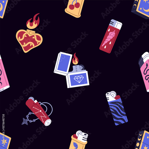 Repeatable pattern of different fluid gas and disposable lighters with burning fire. Endless background of various smoking accessories with flame to ignite cigarette. Flat seamless vector illustration