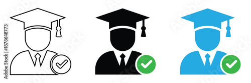 Graduation icons with check marks for education and certification,Graduation cap icon set. Line and glyph graduation hat. Mortarboard collection
