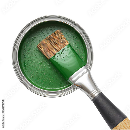 Bright Green Paint Sits in a Can With a Brush Resting on the Edge of the Cont...