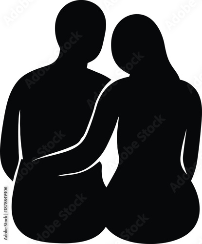 Loving couple silhouette sitting together in affectionate embrace on white background