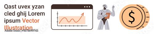 Business growth, AI technologies, financial management, data analytics, innovation, futuristic economy. A chart and robot alongside a coin symbol. Business growth and AI technologies concept