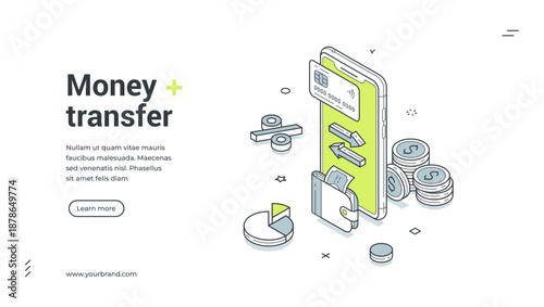 Isometric web banner for money transfer and online payment. Vector illustration template with smartphone, credit card and wallet for mobile banking and financial transaction