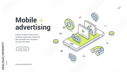 Isometric web banner for mobile advertising. Vector illustration template with smartphone, target, magnet. Modern landing page for digital marketing, social media promotion and customer attraction