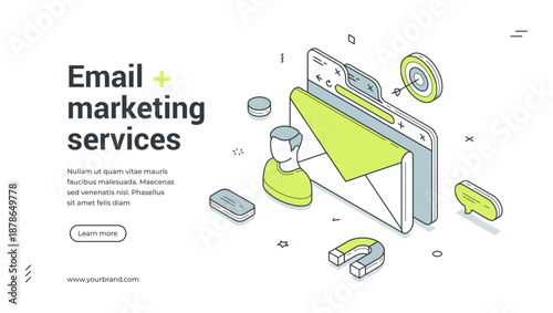 Isometric web banner for email marketing services. Vector illustration template with envelope, user and target for digital advertising campaign and customer attraction