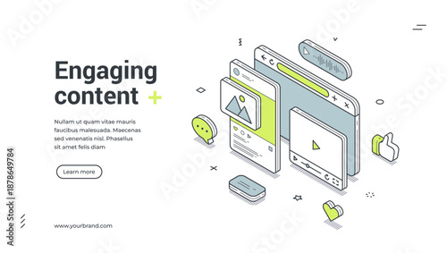 Isometric web banner for engaging content creation. Vector illustration template with browser windows, social media interface for digital marketing, blogging and smm promotion