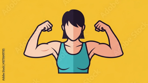 Strong Woman Flexing Muscles on Yellow Background