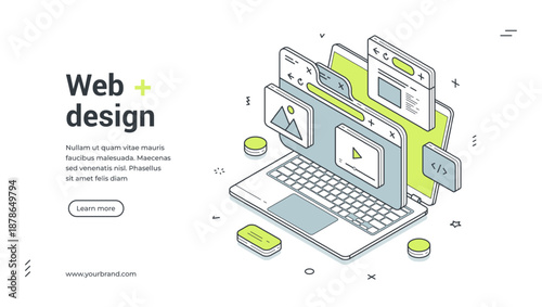Web design and development isometric banner. Vector illustration template with laptop for creating a modern responsive landing page. User interface and creative process concept
