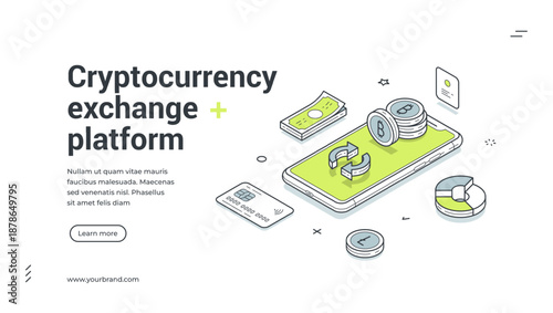 Isometric web banner for cryptocurrency exchange platform. Vector illustration template with smartphone, bitcoin for crypto trading and blockchain technology mobile application