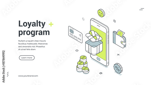Web banner for customer loyalty program. Isometric vector illustration template for mobile marketing and rewards. Modern design with smartphone, gift, coins for bonus system and promotion