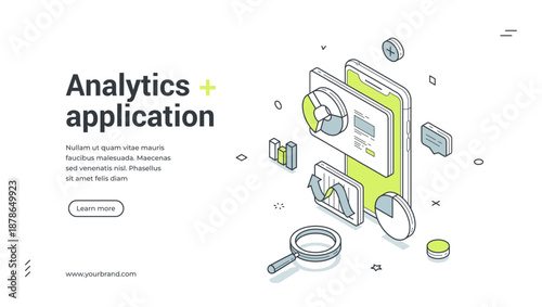 Web banner for analytics application. Isometric vector illustration template for mobile data analysis. Modern design with smartphone, charts for business research and financial report