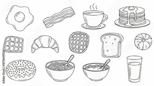 Hand drawn collection of breakfast food items and drinks.