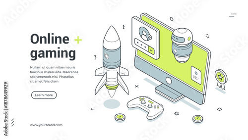 Web banner for online gaming and cybersport. Isometric vector illustration template for game streaming or competition. Modern design with computer, robot, rocket for entertainment