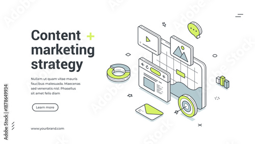Web banner for content marketing. Isometric vector illustration template for digital strategy and data analysis. Modern design with chart, target for business promotion and seo