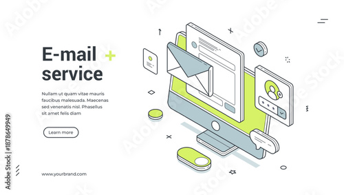 Web banner for e-mail service. Isometric vector illustration template for digital marketing. Modern design with computer, envelope, message for online communication and newsletter