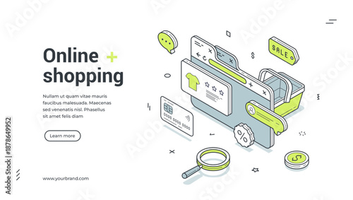 Web banner for online shopping. Isometric vector illustration template for mobile app or website. Modern design with smartphone, basket, credit card for retail and sale promotion