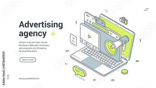 Web banner template for a digital advertising agency. Isometric vector illustration of online marketing and promotion with laptop and megaphone. Modern design for a landing page or website