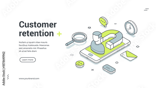 Web banner template for customer retention. Isometric vector illustration showing marketing magnet attracting a user. Modern design for a landing page or app promotion about inbound leads