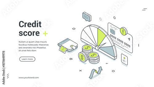 Web banner for credit score. Isometric vector illustration of a financial report with a rating meter and credit card. Modern template for a banking or loan service landing page
