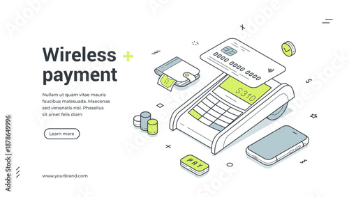 Web banner for wireless payment. Isometric vector illustration of a POS terminal transaction with credit card. Modern template for a finance or e-commerce landing page