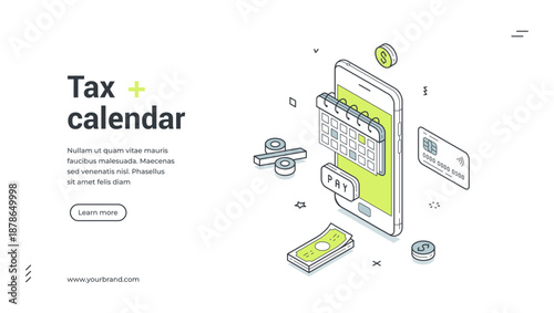 Web banner for tax calendar. Isometric vector illustration of a mobile tax payment app. Modern template for a financial service landing page with smartphone, money and credit card icons