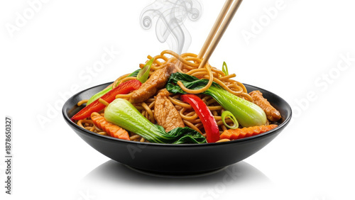 Hot steaming bowl of chicken chow mein noodles with vegetables.