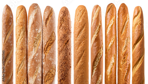 Various Types of Long Bread Loaves Displayed in a Row on a White Surface
