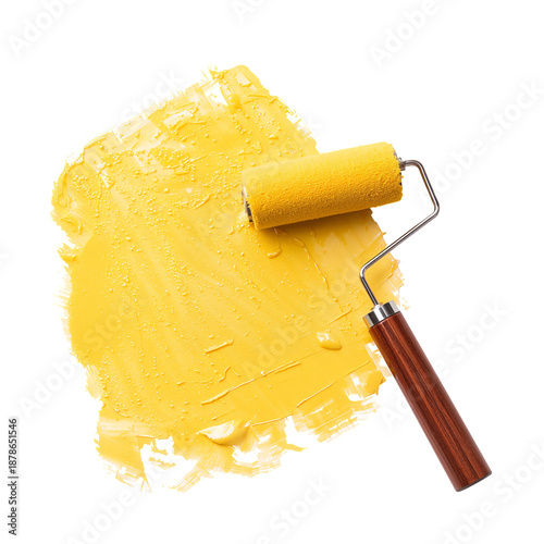 Yellow Paint Can With Roller Showing New Color on a Surface