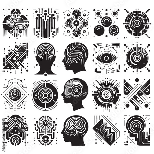 Black Abstract visuals representing AI learning Silhouette Vector, High Quality Illustration on White Background