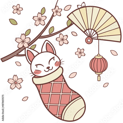 Cute Bashful Sphynx cat, accessorized with snuggled in a sock, in a Cherry Blossom Festival world – Sakura Breeze palette vector