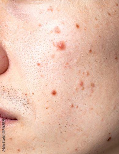 Cheek acne with visible pores and stubble

